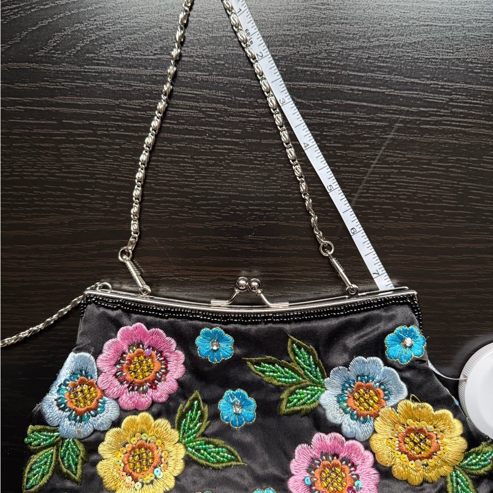 Vintage JNY Floral Beaded Satin Clutch Kiss Lock Evening Bag Black - Picture 10 of 12